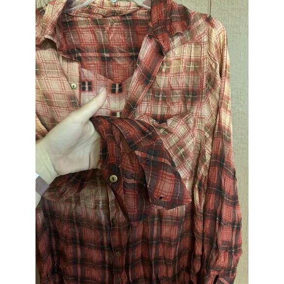 FREE PEOPLE FP ONE Sz S GRUNGE PLAID SHIRT BUTTONDOWN TUNIC DISTRESSED TUNIC - Picture 6 of 7